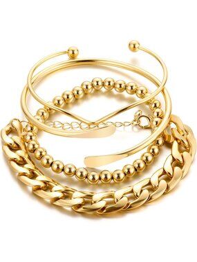 Women's Bangles Set, Multi Layer Textured 14k Gold Plated Chunky Cuban Bracelet